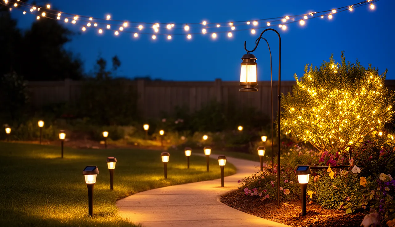 A home garden at dusk lit by solar garden lights