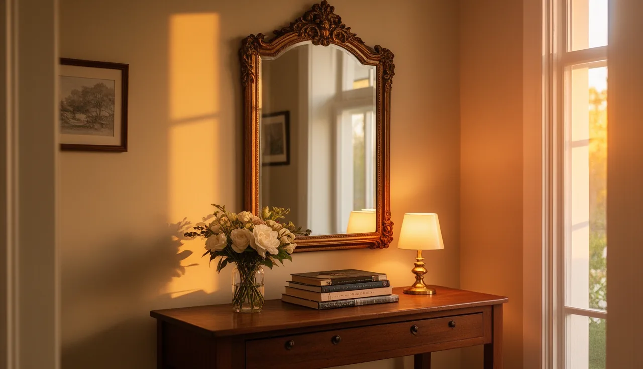 Vintage mirror over a styled console in a cozy entryway