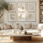 Warm beige living room with a framed botanical gallery wall above a cream sofa