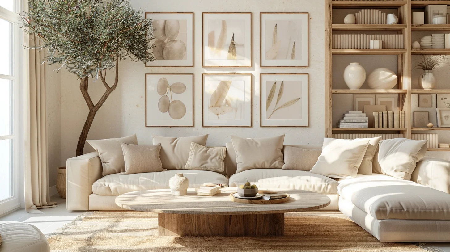 Warm beige living room with a framed botanical gallery wall above a cream sofa