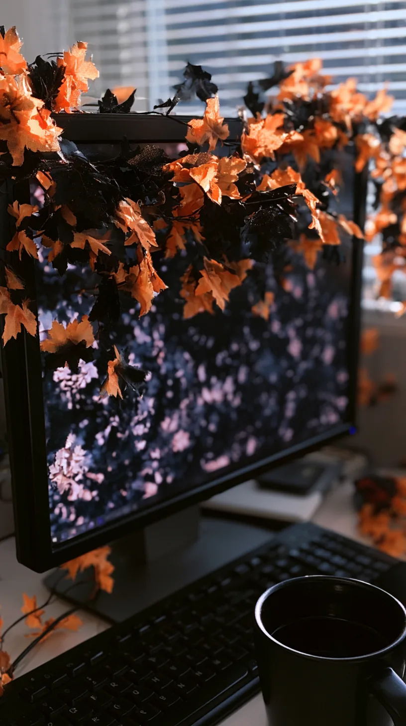 mini orange garland draped along the top of a desktop monitor, photo 2 of 4
