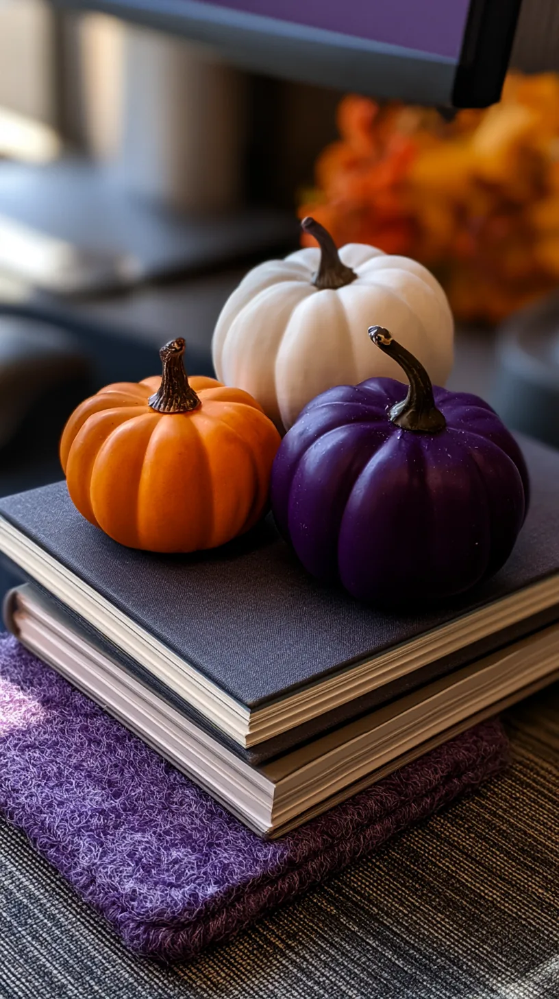 three small faux pumpkins grouped in graduated sizes on a desk corner, photo 1 of 4