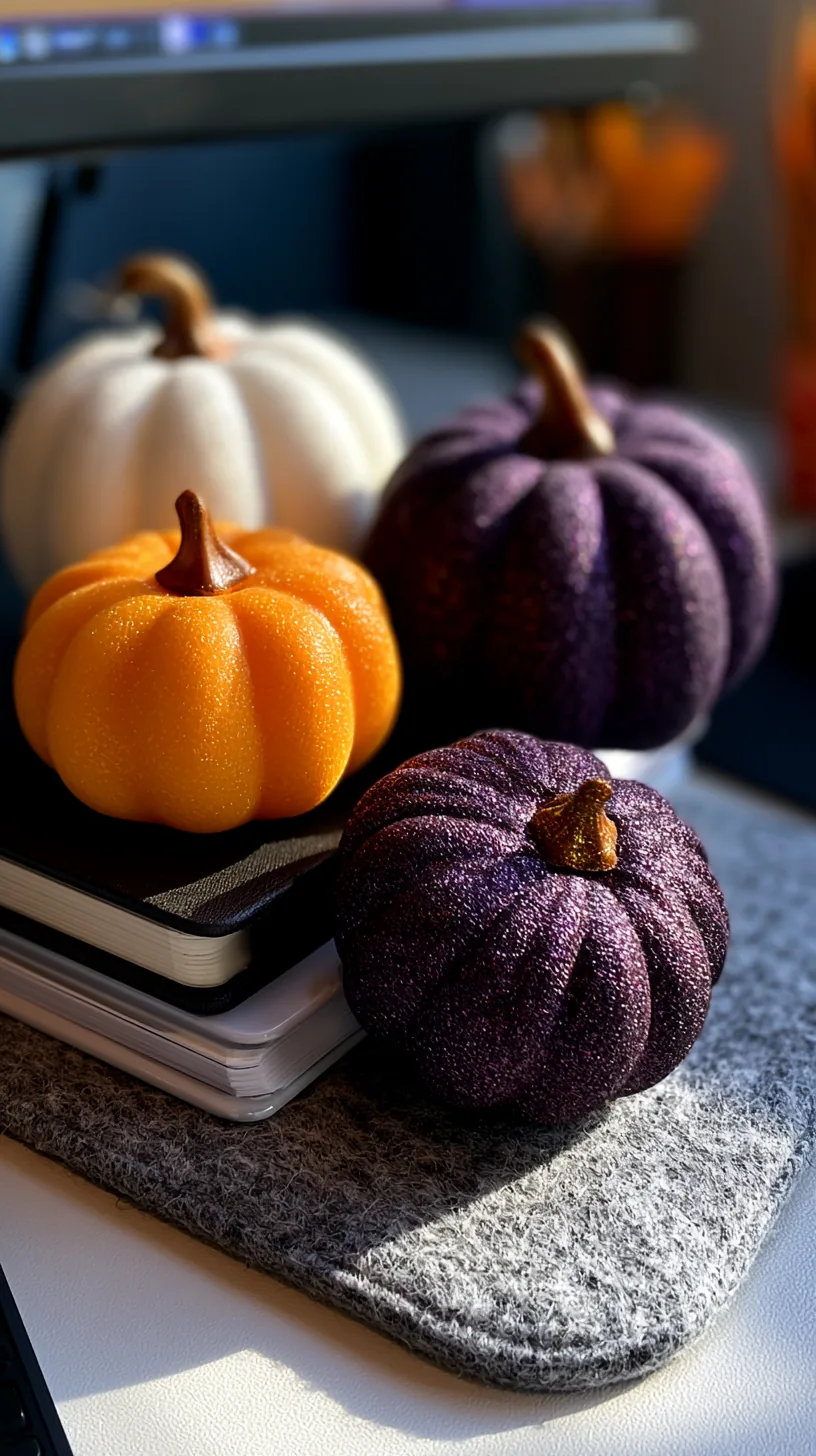 three small faux pumpkins grouped in graduated sizes on a desk corner, photo 2 of 4