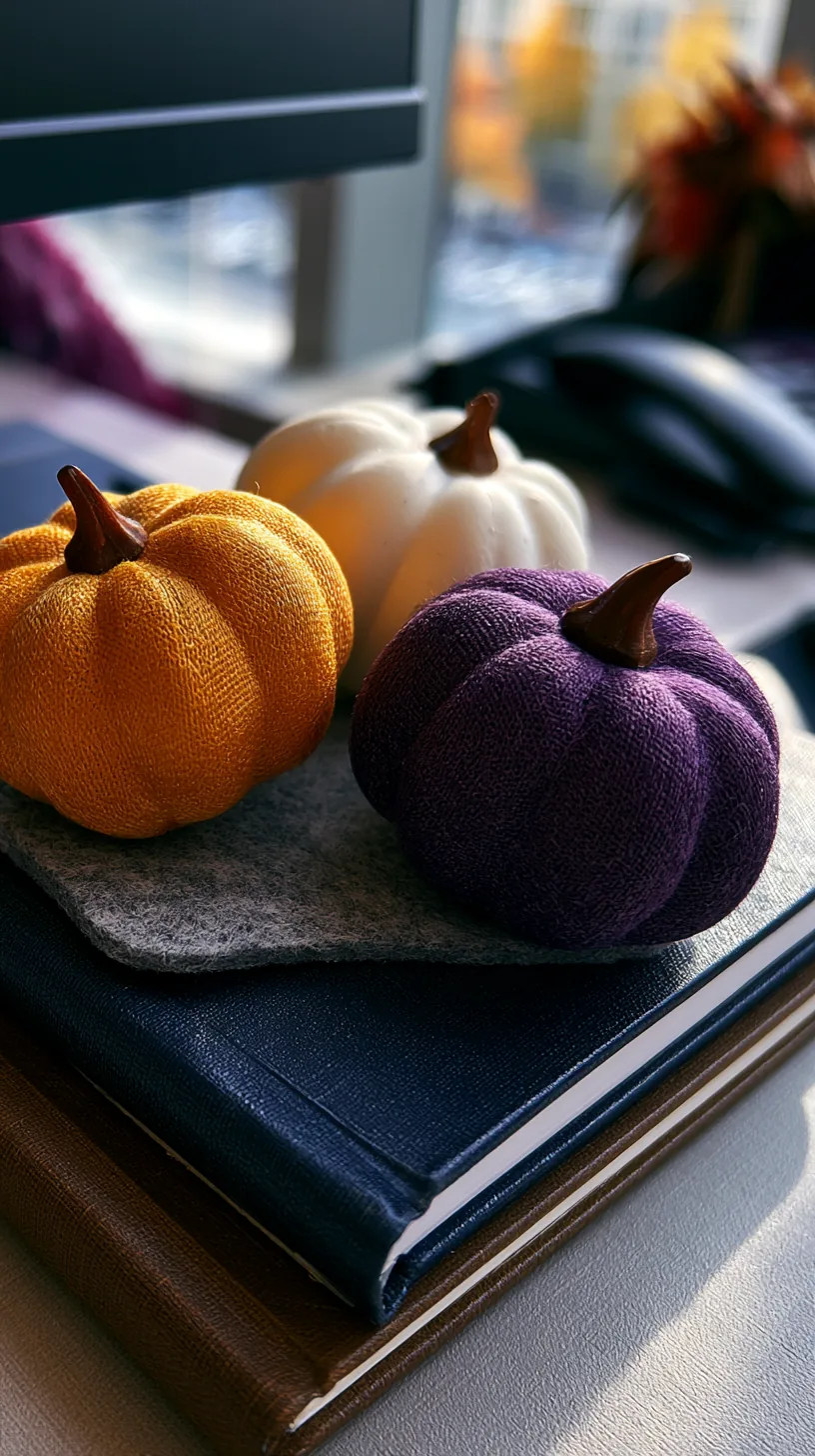 three small faux pumpkins grouped in graduated sizes on a desk corner, photo 3 of 4