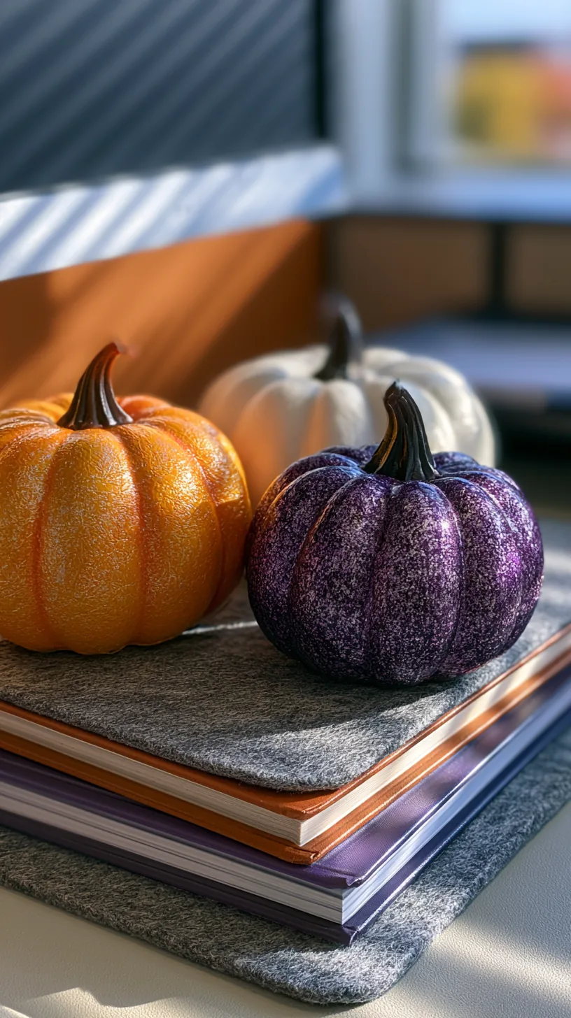three small faux pumpkins grouped in graduated sizes on a desk corner, photo 4 of 4