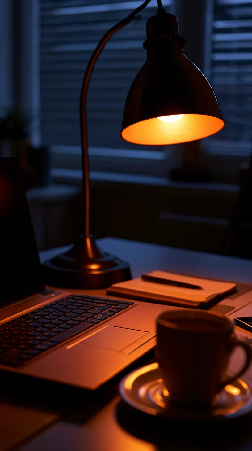 desk lamp glowing with a warm orange Halloween-tinted light bulb, photo 3 of 4