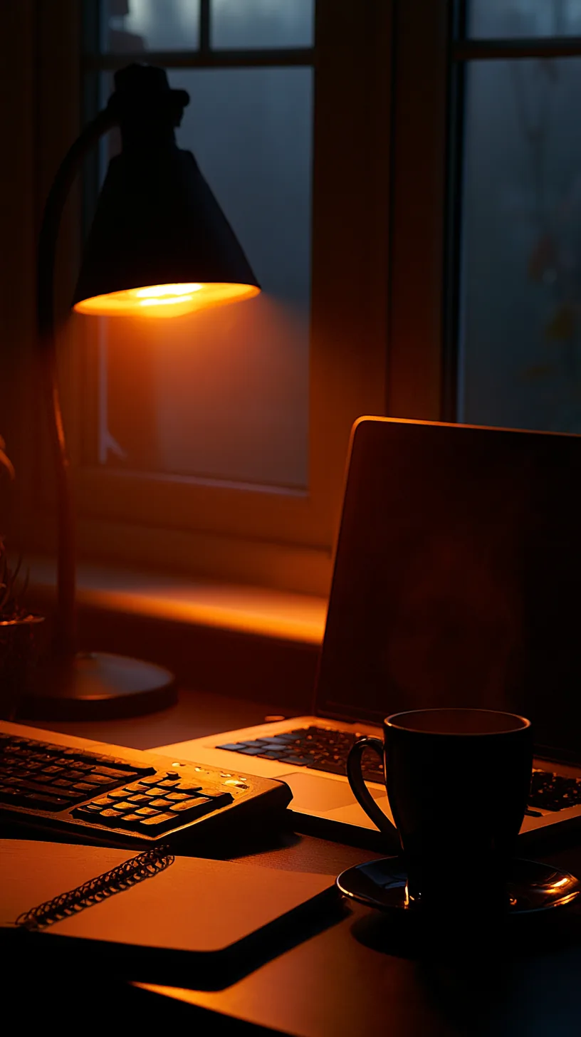 desk lamp glowing with a warm orange Halloween-tinted light bulb, photo 4 of 4