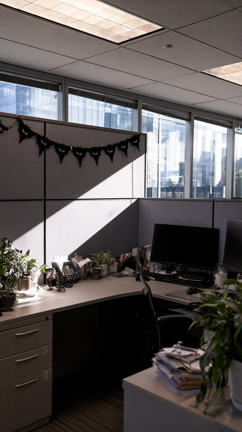 fabric bat silhouette banner pinned along the top of a cubicle wall, photo 1 of 4