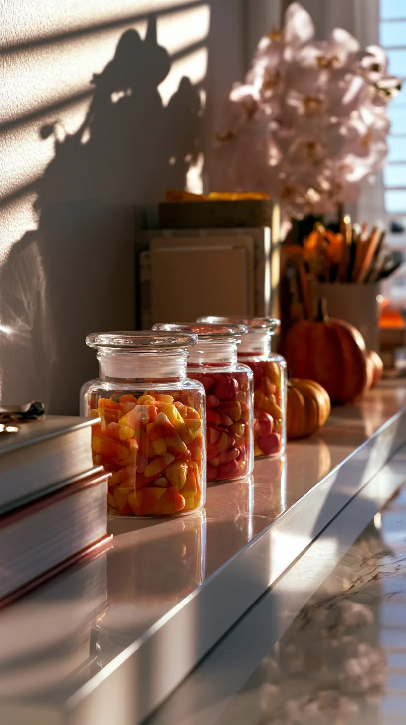 small glass apothecary jars filled with candy corn lined up on an office shelf, photo 1 of 4