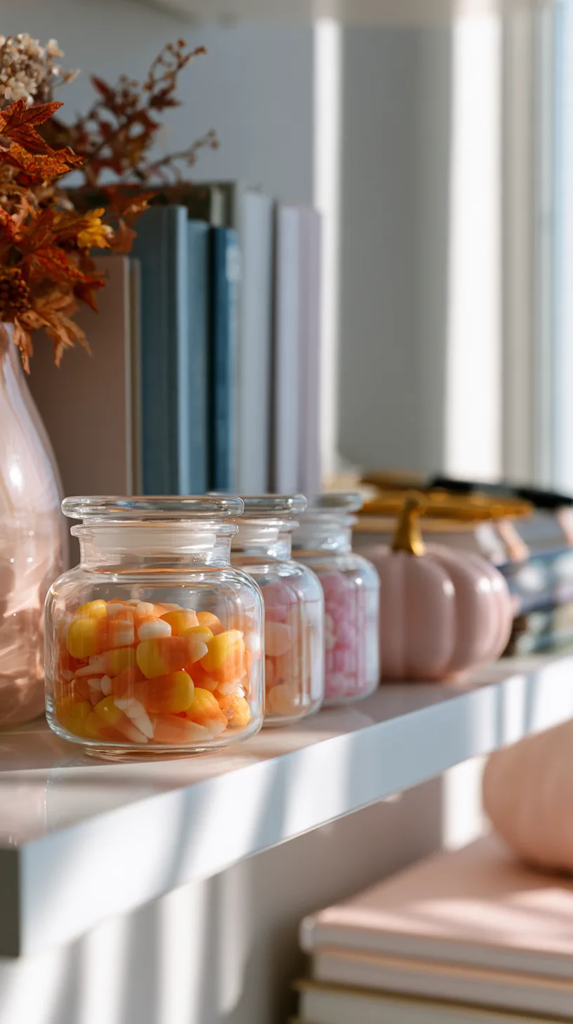 small glass apothecary jars filled with candy corn lined up on an office shelf, photo 2 of 4