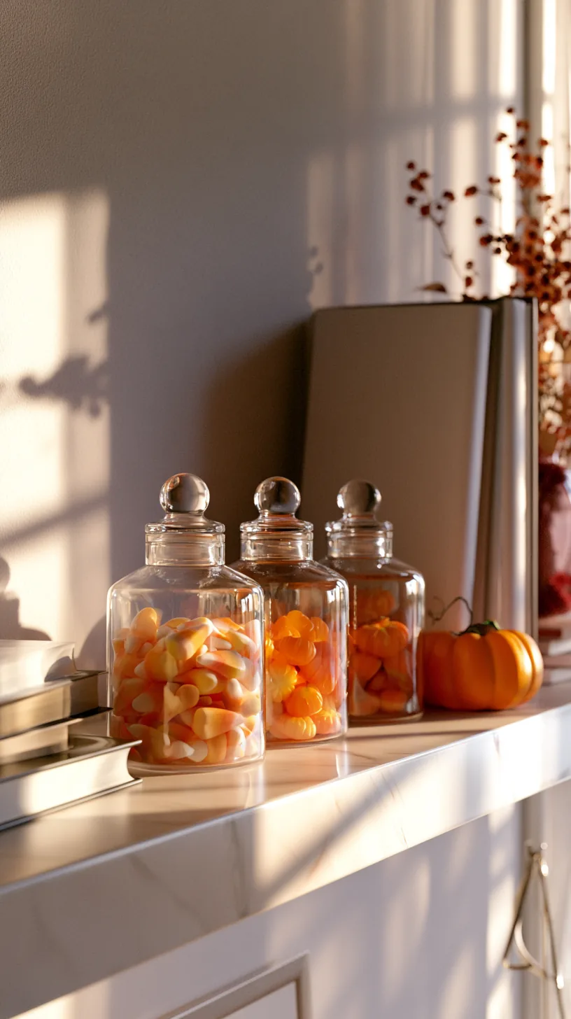small glass apothecary jars filled with candy corn lined up on an office shelf, photo 3 of 4