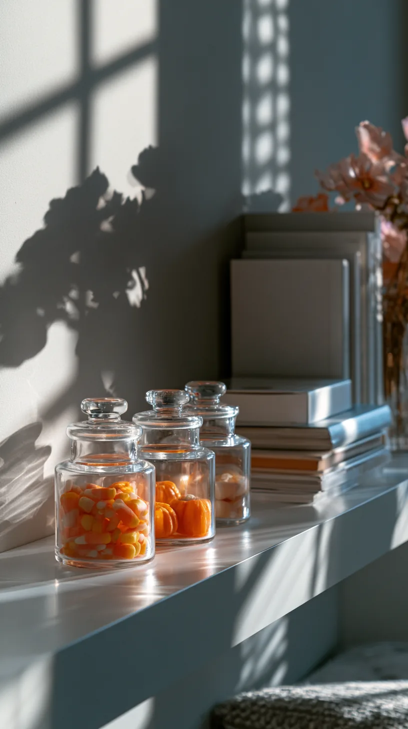 small glass apothecary jars filled with candy corn lined up on an office shelf, photo 4 of 4