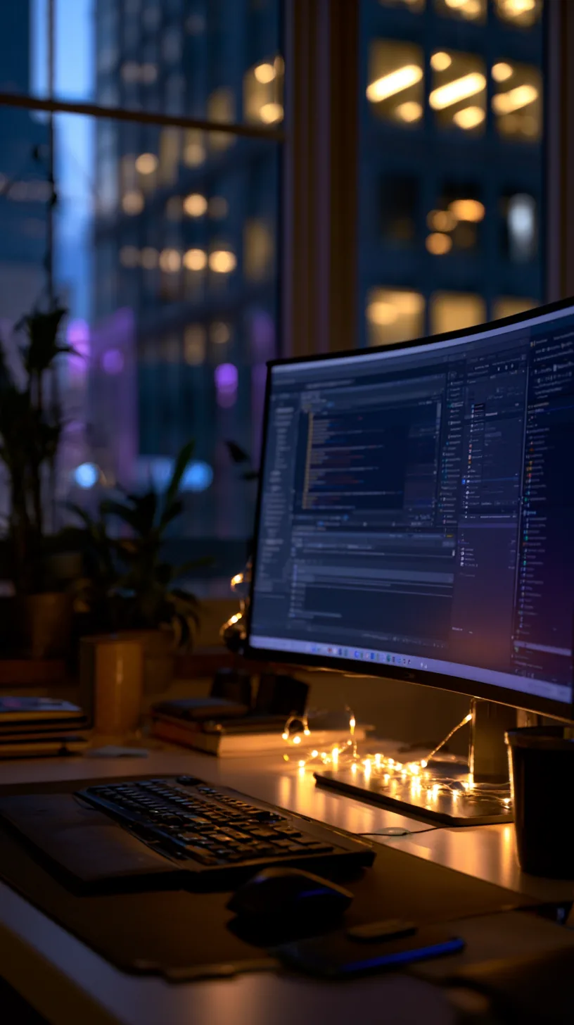 warm white LED string lights tucked behind a monitor stand on a desk, photo 1 of 4