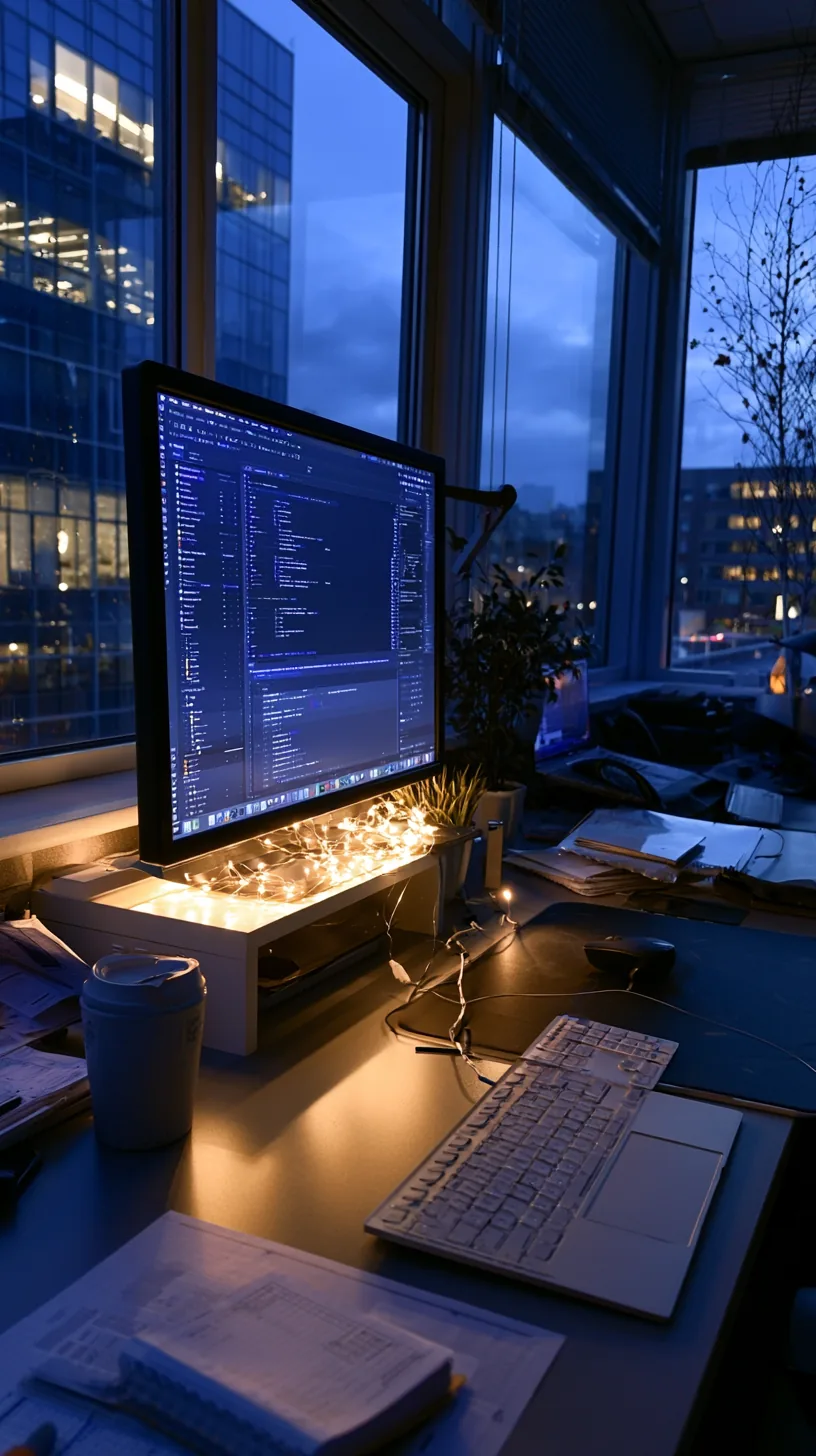 warm white LED string lights tucked behind a monitor stand on a desk, photo 2 of 4
