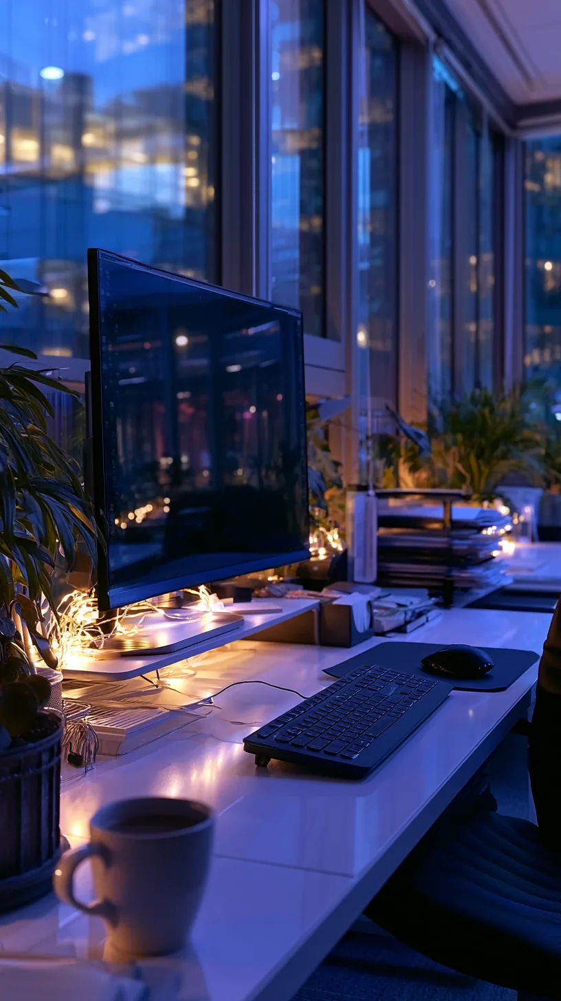 warm white LED string lights tucked behind a monitor stand on a desk, photo 3 of 4