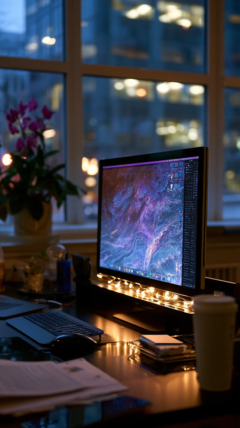 warm white LED string lights tucked behind a monitor stand on a desk, photo 4 of 4