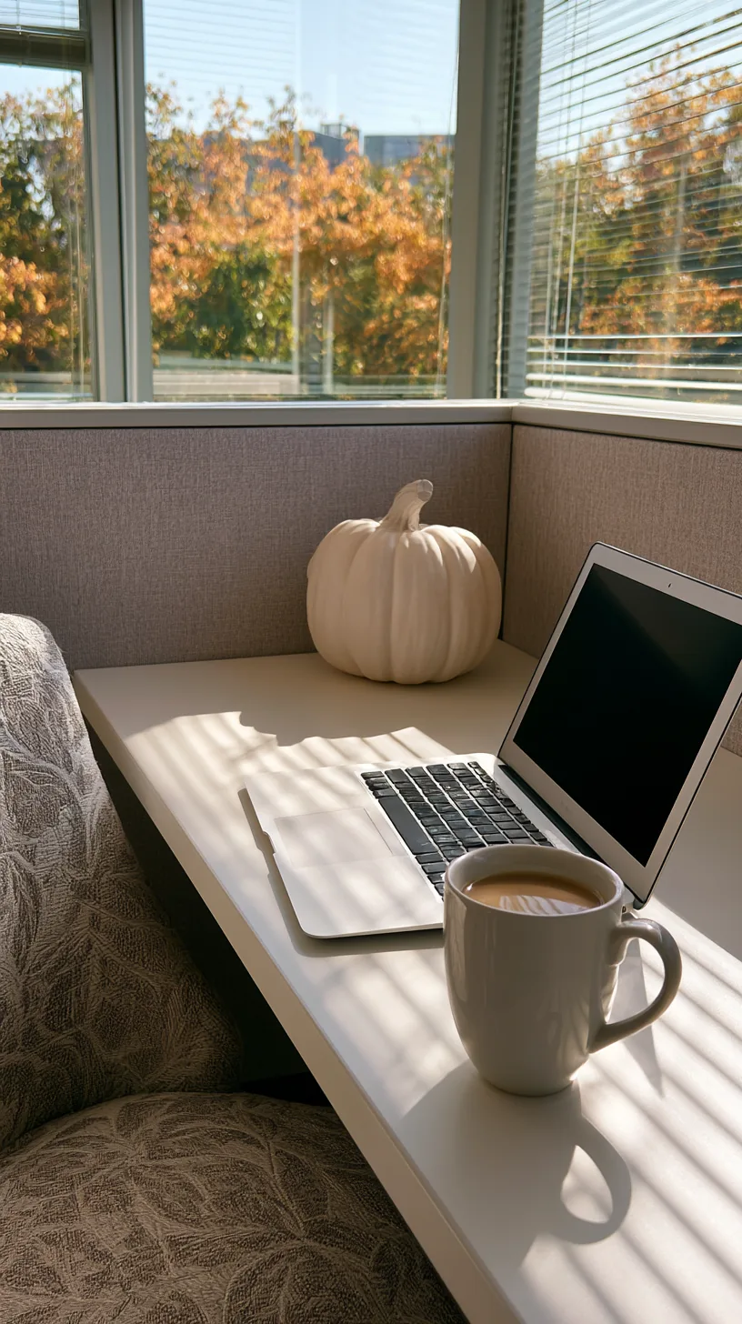 single small faux pumpkin sitting on the corner of a work desk, photo 1 of 4