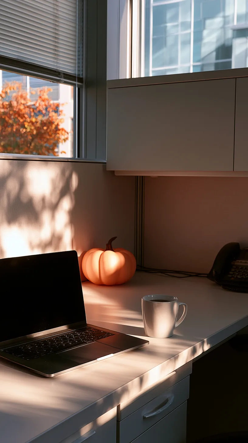 single small faux pumpkin sitting on the corner of a work desk, photo 2 of 4