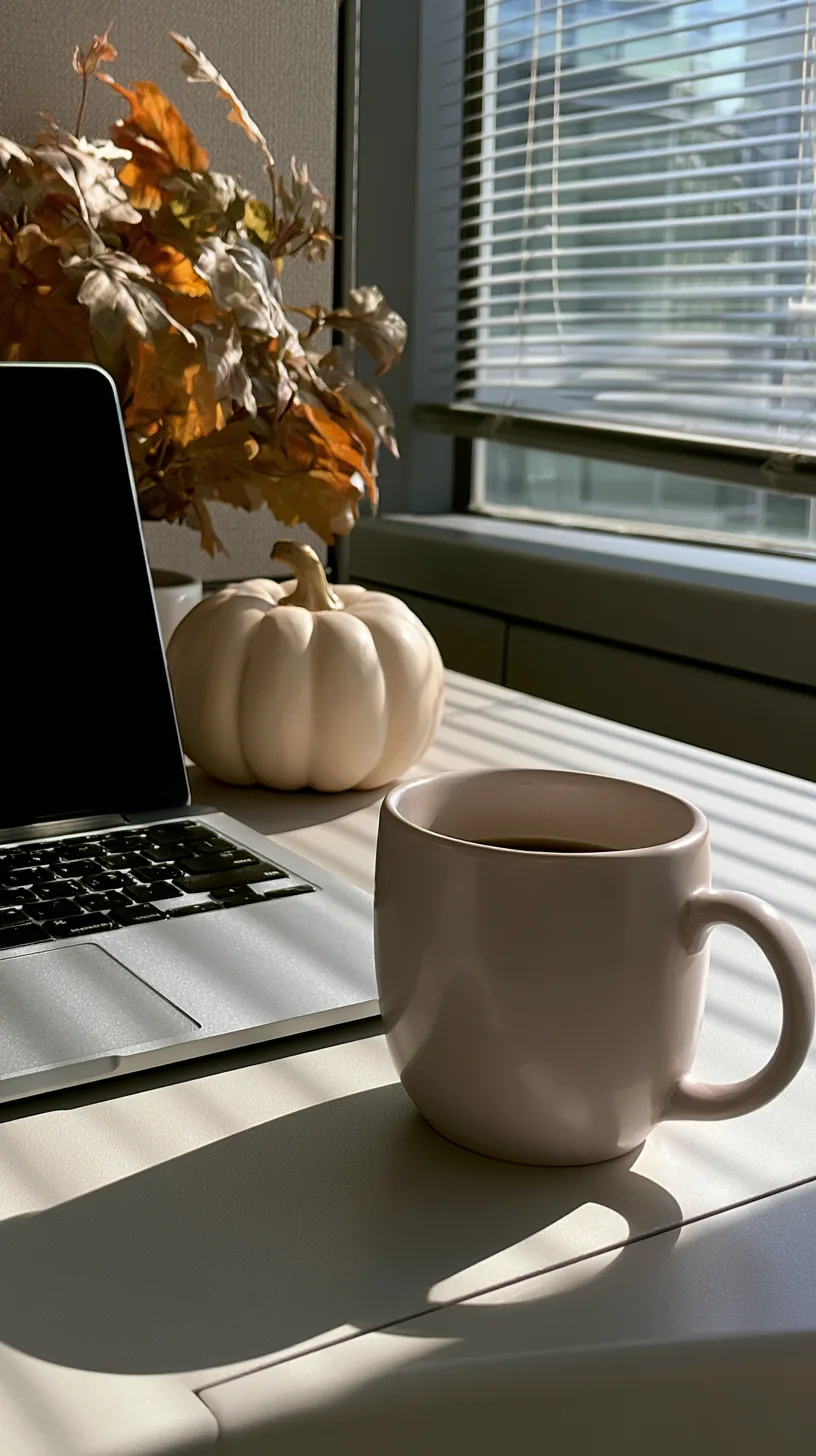 single small faux pumpkin sitting on the corner of a work desk, photo 3 of 4