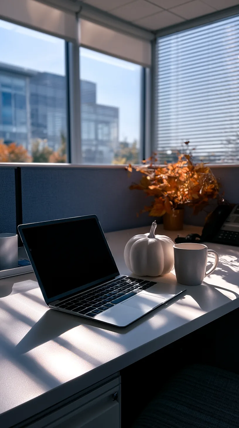 single small faux pumpkin sitting on the corner of a work desk, photo 4 of 4