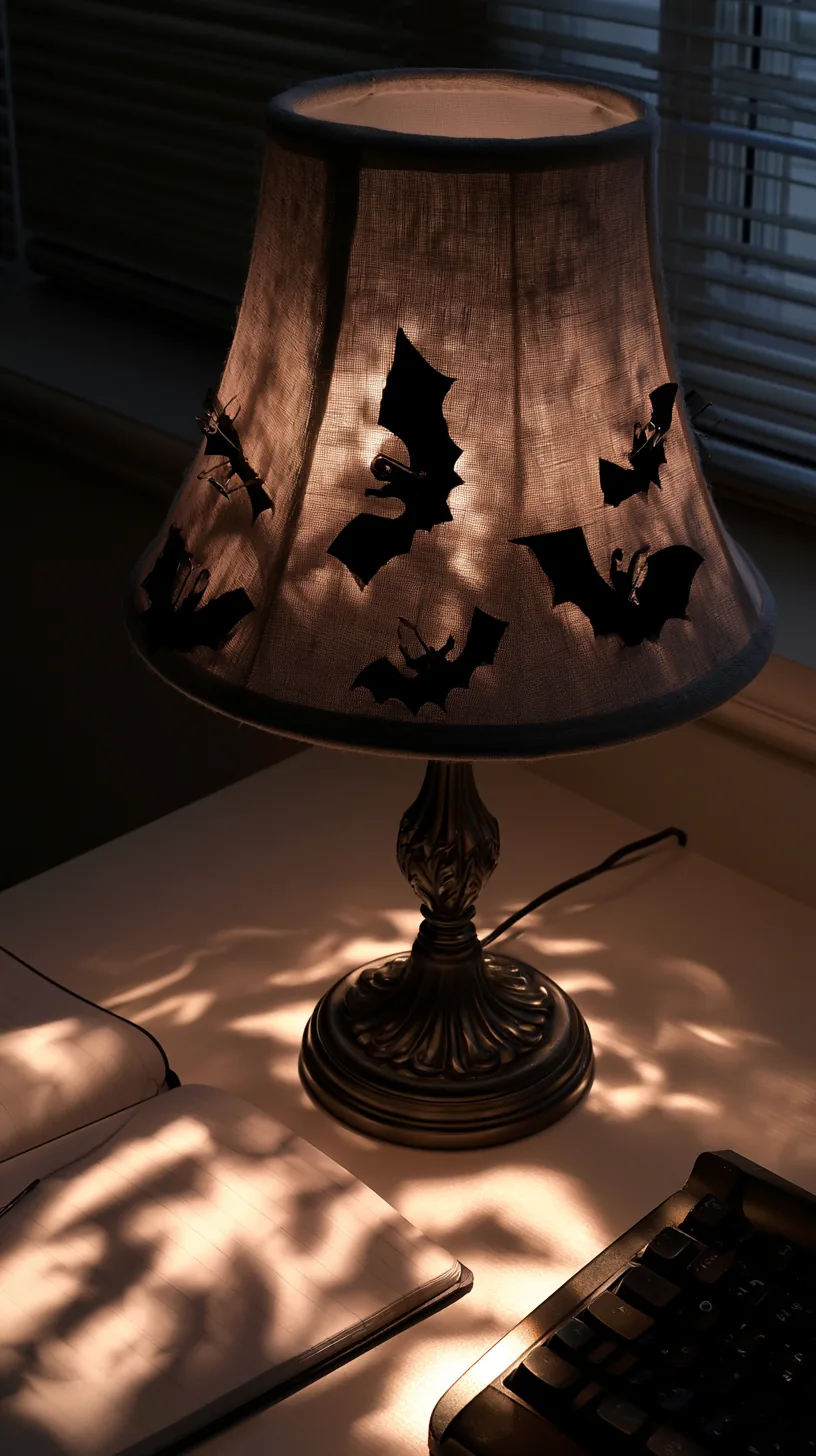 small paper bat silhouettes clipped to the edge of a desk lamp shade, photo 1 of 4