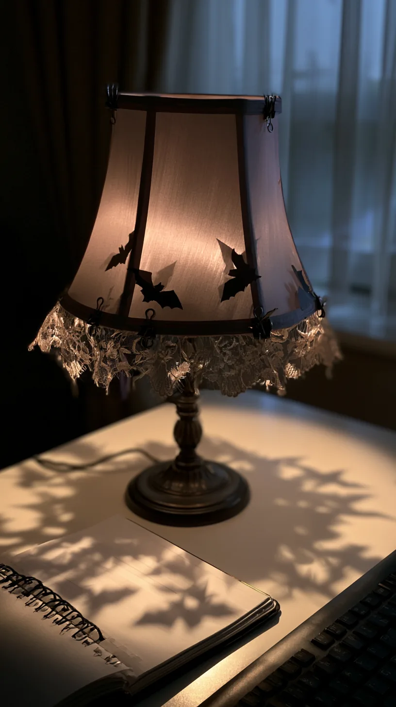 small paper bat silhouettes clipped to the edge of a desk lamp shade, photo 2 of 4