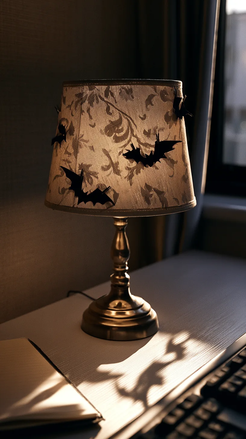 small paper bat silhouettes clipped to the edge of a desk lamp shade, photo 3 of 4
