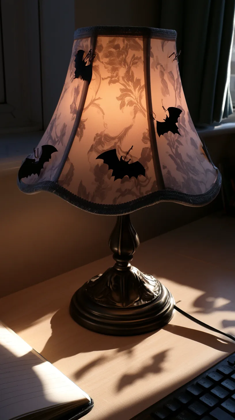 small paper bat silhouettes clipped to the edge of a desk lamp shade, photo 4 of 4