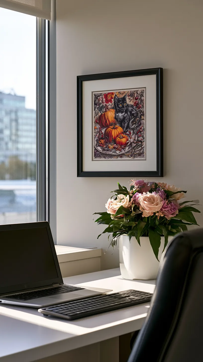 small framed vintage-style Halloween print hanging above a desk, photo 1 of 4