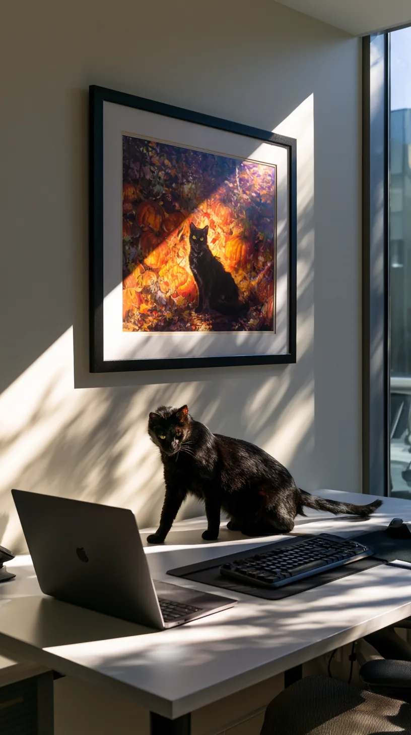 small framed vintage-style Halloween print hanging above a desk, photo 3 of 4