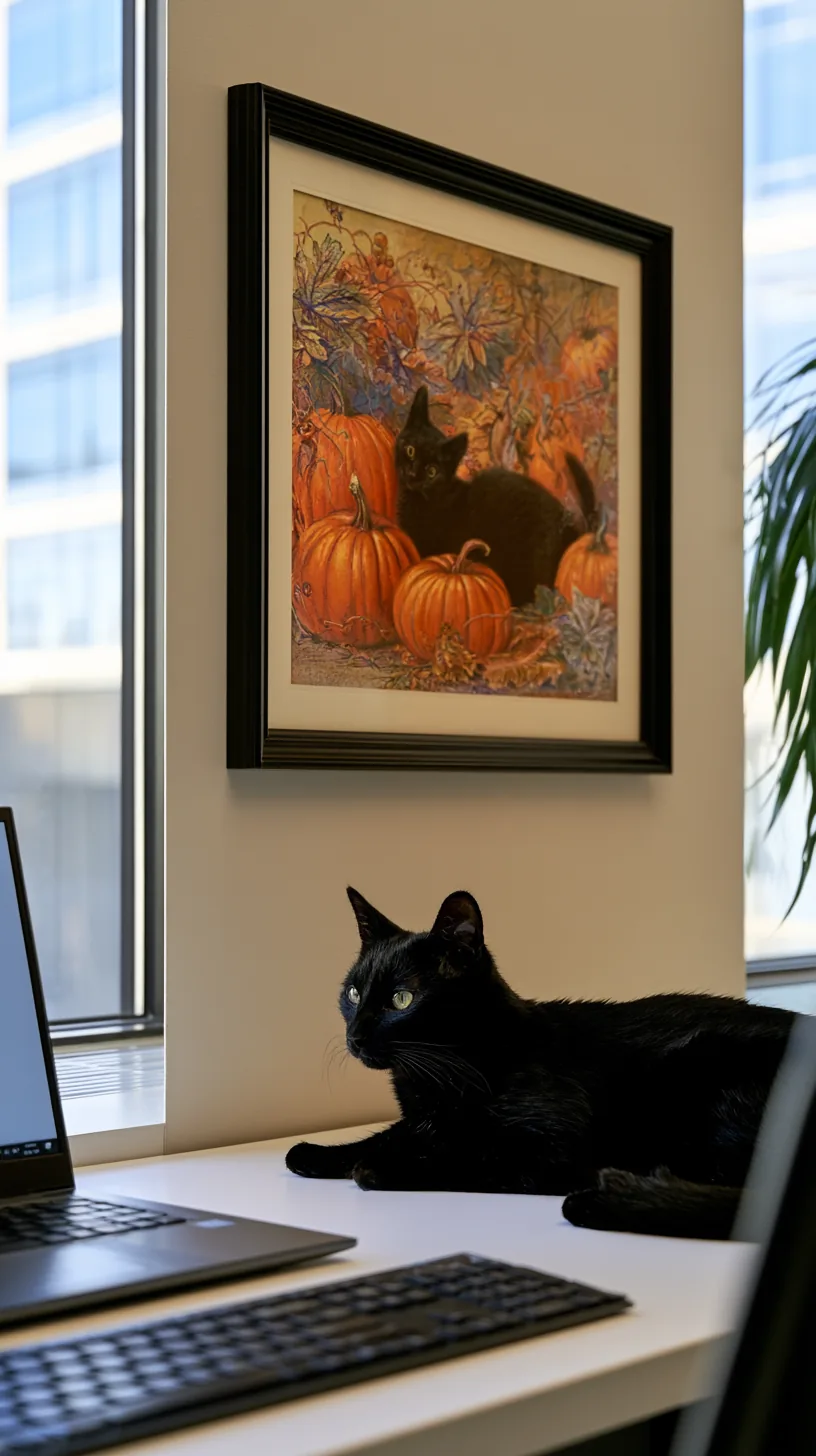 small framed vintage-style Halloween print hanging above a desk, photo 4 of 4