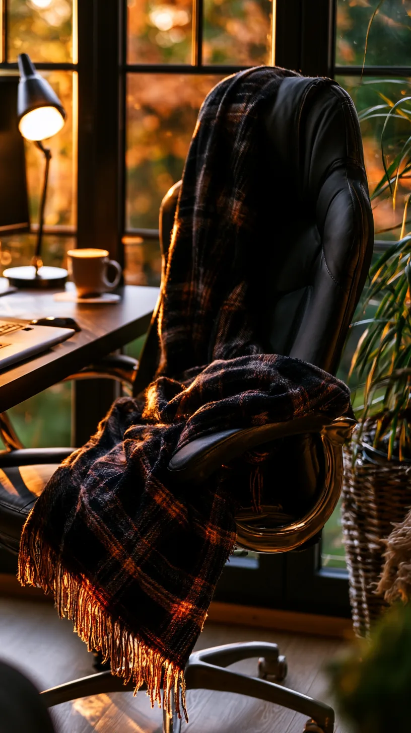 black and orange plaid throw blanket draped over the back of an office chair, photo 1 of 4