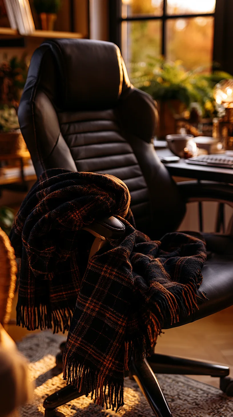 black and orange plaid throw blanket draped over the back of an office chair, photo 2 of 4