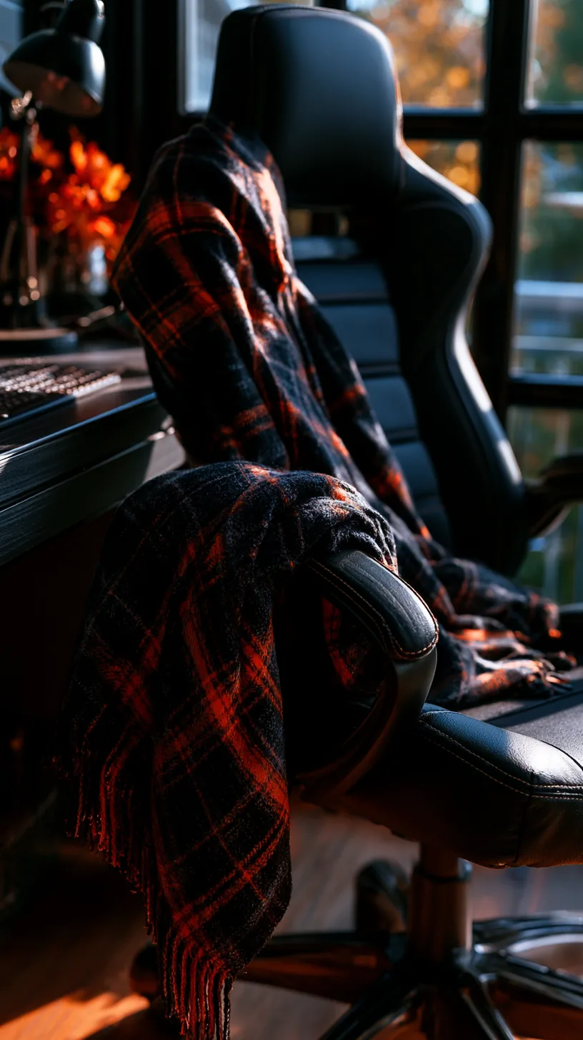 black and orange plaid throw blanket draped over the back of an office chair, photo 3 of 4
