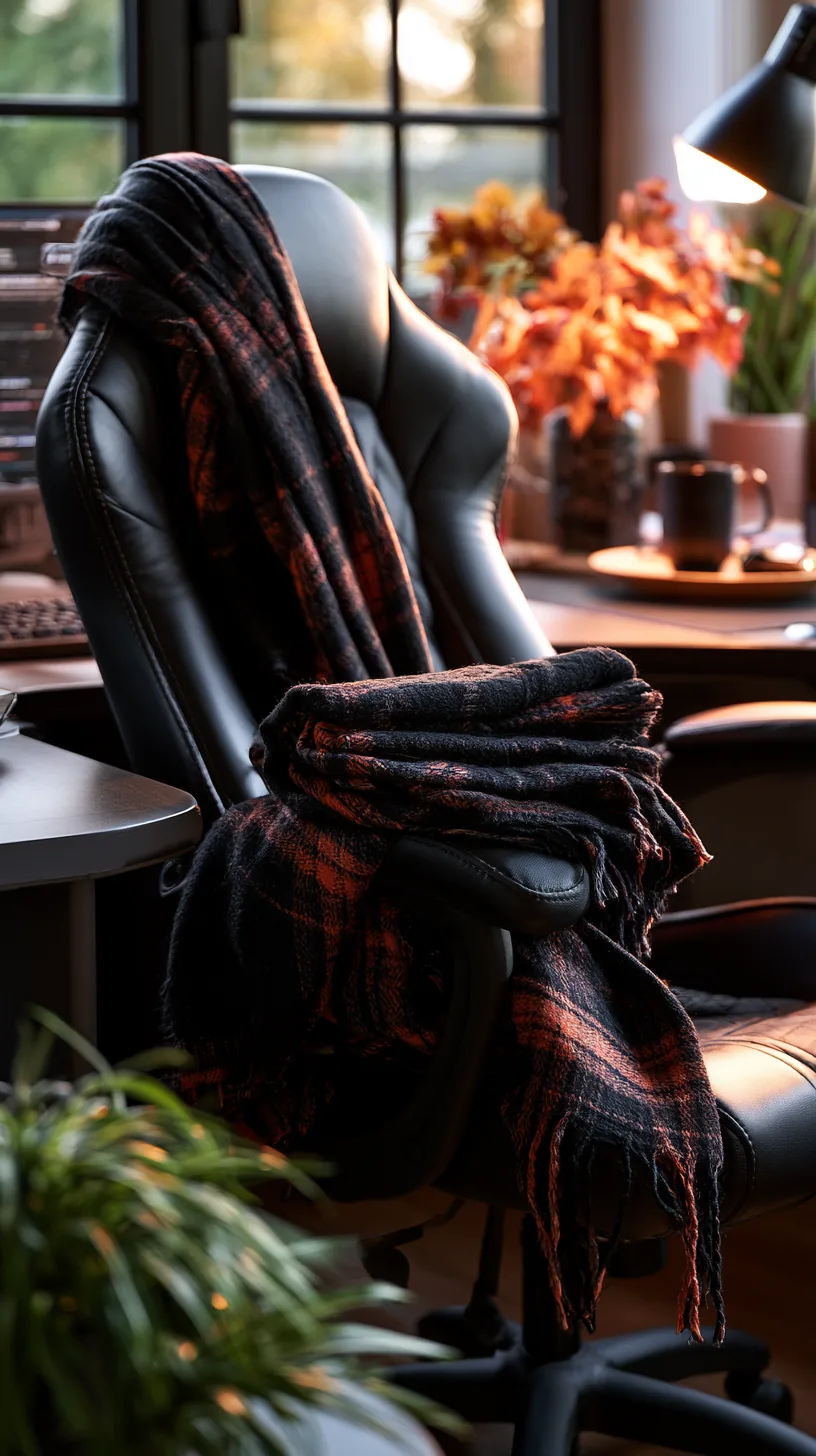 black and orange plaid throw blanket draped over the back of an office chair, photo 4 of 4