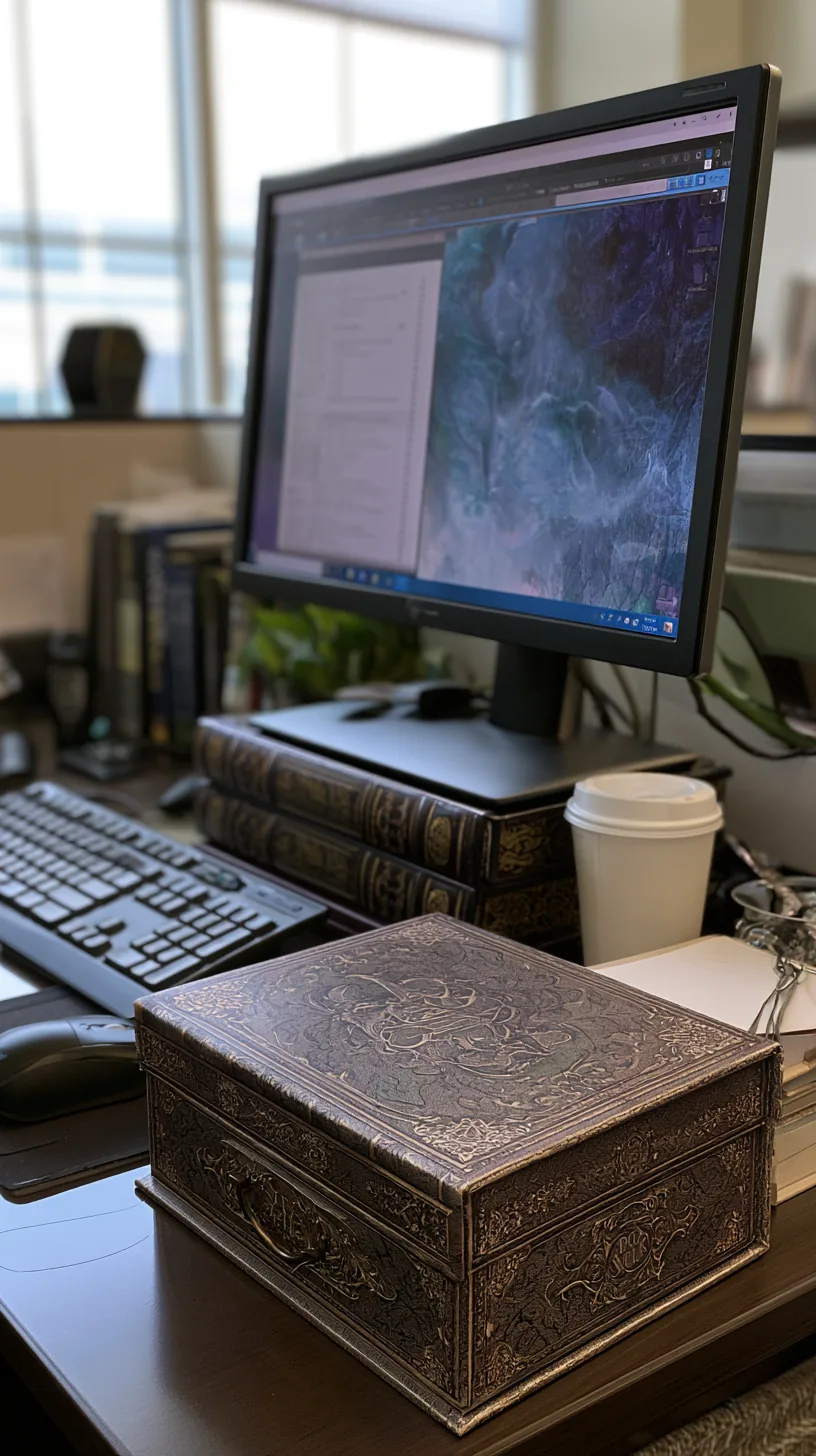 stacked faux spell-book storage boxes used as a monitor riser on a desk, photo 1 of 4