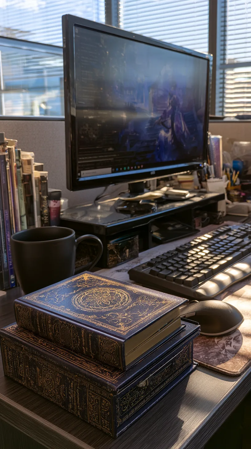 stacked faux spell-book storage boxes used as a monitor riser on a desk, photo 2 of 4