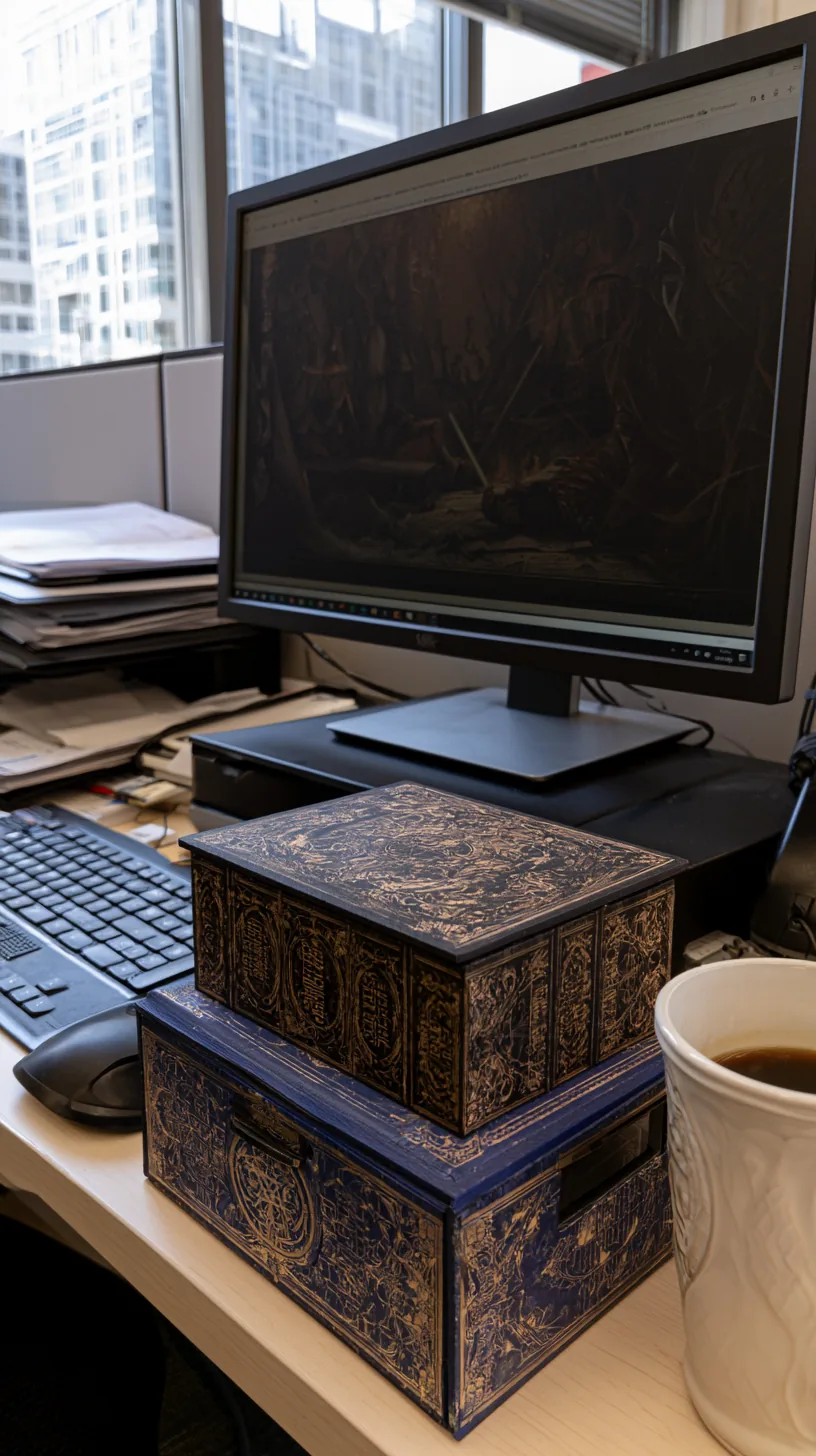 stacked faux spell-book storage boxes used as a monitor riser on a desk, photo 3 of 4