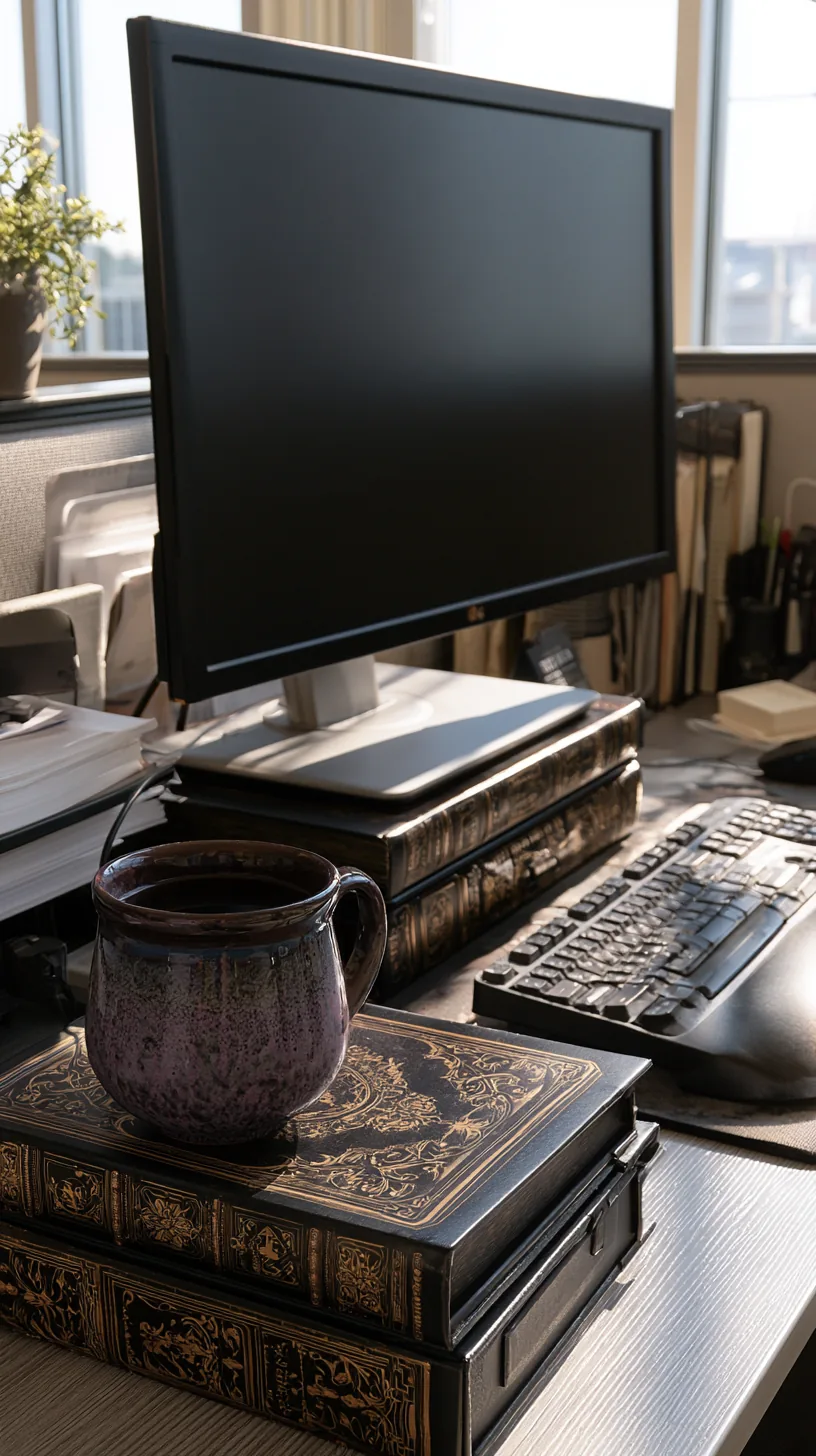 stacked faux spell-book storage boxes used as a monitor riser on a desk, photo 4 of 4