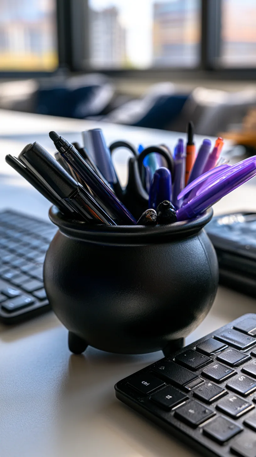small black cauldron-shaped cup holding pens and scissors on a desk, photo 1 of 4