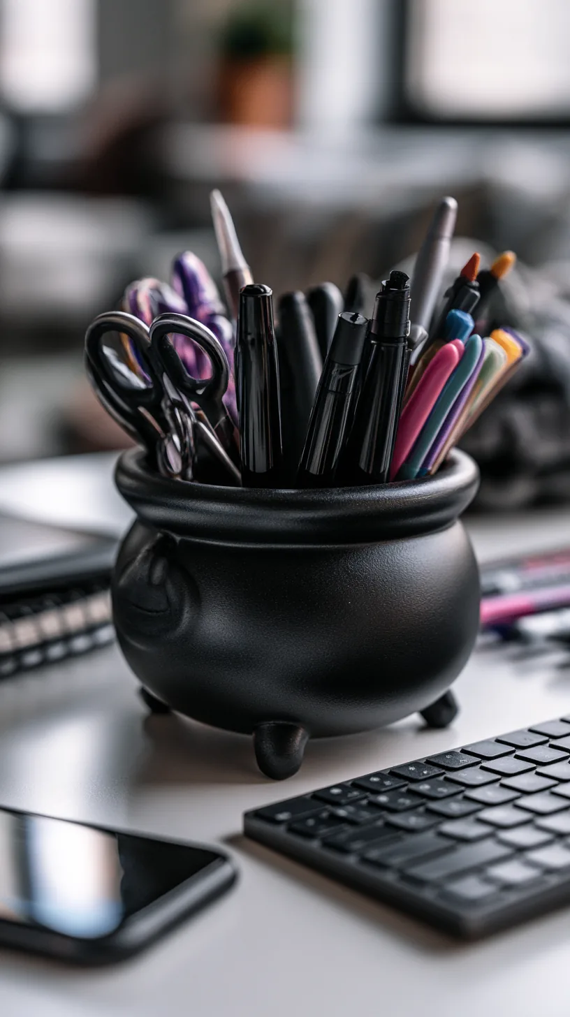 small black cauldron-shaped cup holding pens and scissors on a desk, photo 2 of 4