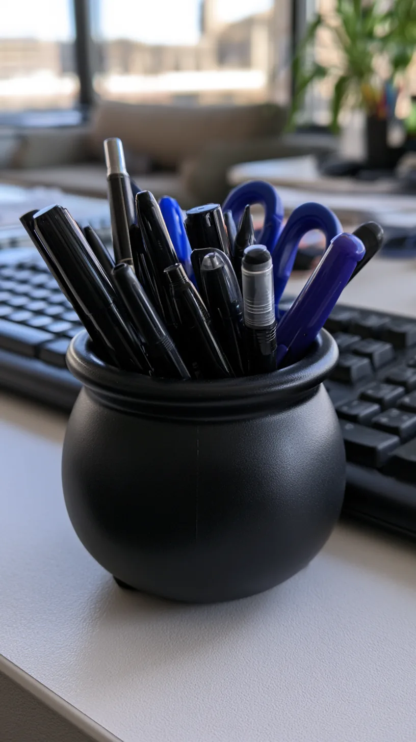 small black cauldron-shaped cup holding pens and scissors on a desk, photo 3 of 4
