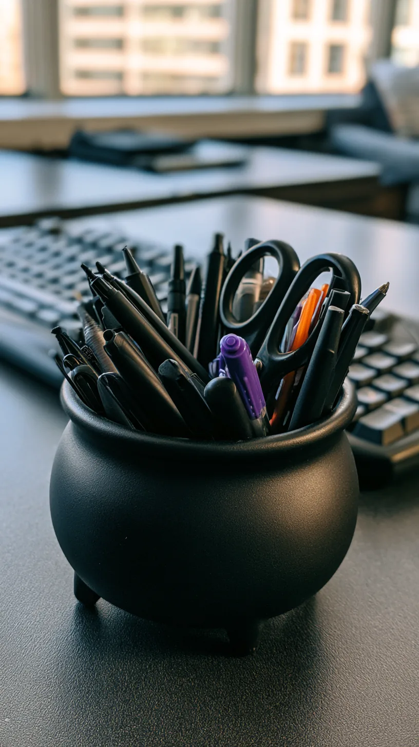 small black cauldron-shaped cup holding pens and scissors on a desk, photo 4 of 4