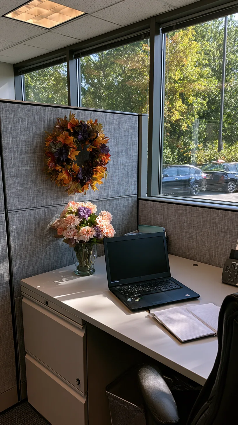 small Halloween wreath hanging on a cubicle partition with an adhesive hook, photo 1 of 4