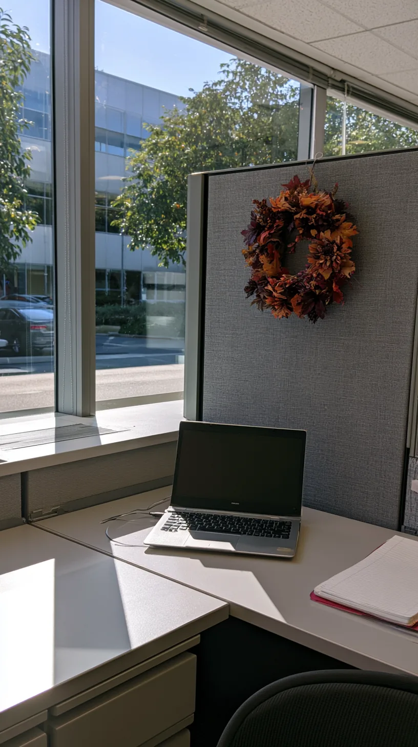 small Halloween wreath hanging on a cubicle partition with an adhesive hook, photo 2 of 4