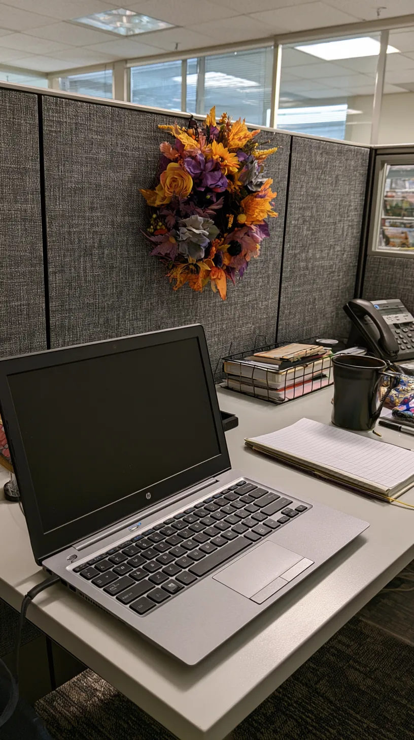 small Halloween wreath hanging on a cubicle partition with an adhesive hook, photo 3 of 4