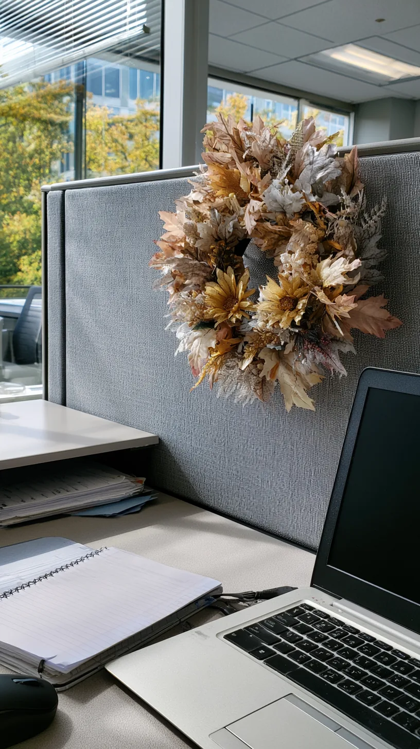 small Halloween wreath hanging on a cubicle partition with an adhesive hook, photo 4 of 4