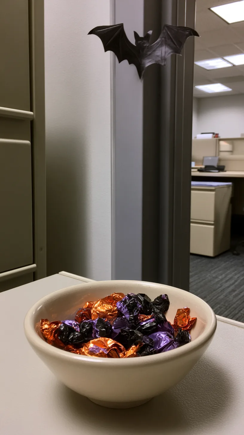 small decorative bowl filled with wrapped candy sitting near an office door, photo 1 of 4