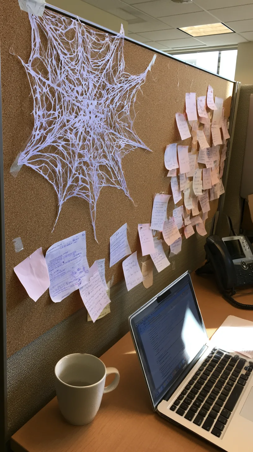 white paper spiderweb taped to the corner of an office corkboard, photo 1 of 4