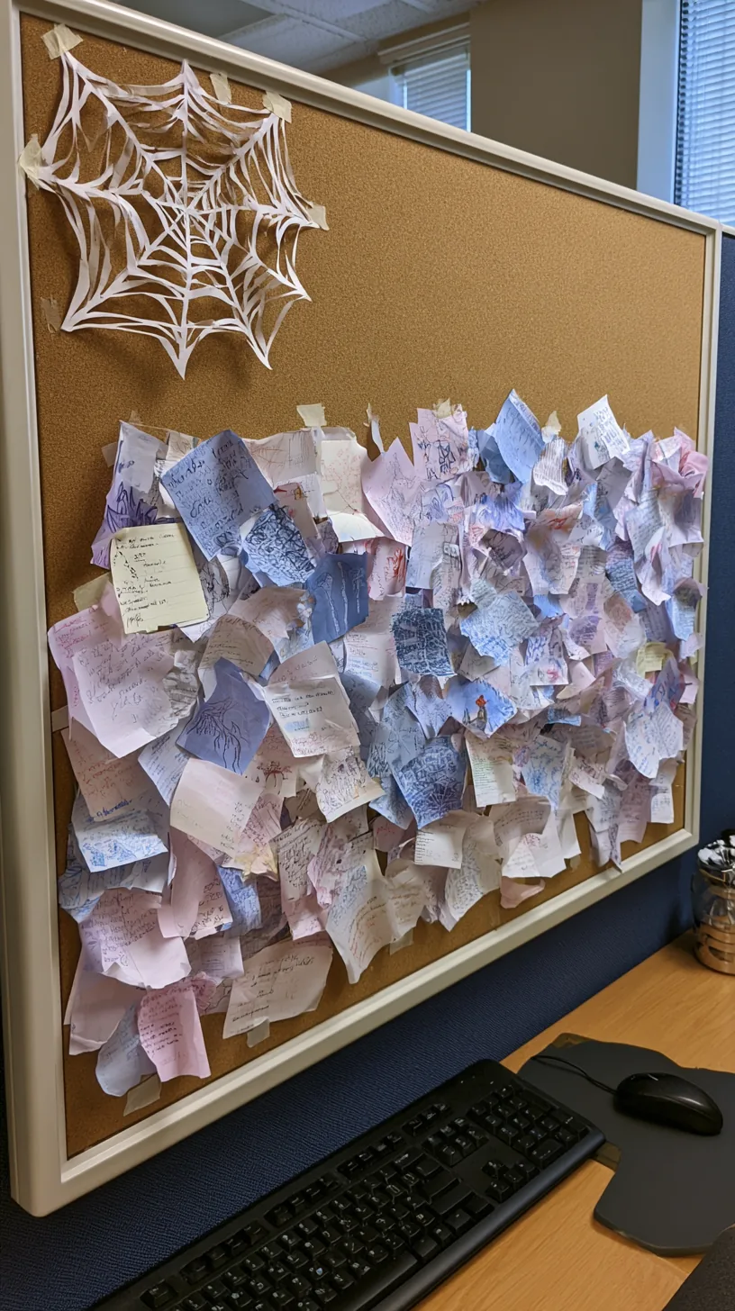white paper spiderweb taped to the corner of an office corkboard, photo 2 of 4